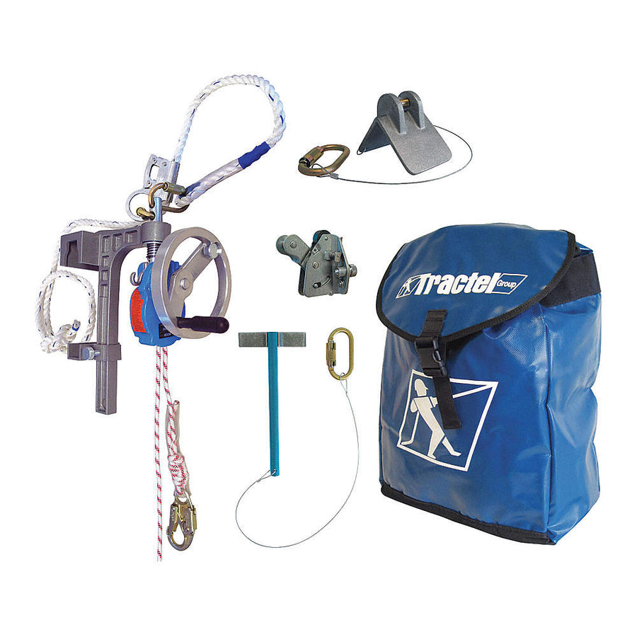 TRACTEL Descent Device System E, CSA, Capacity 500 lb, Blue, Rope 330 ft/3/8 in dia, Kernmantle/Steel