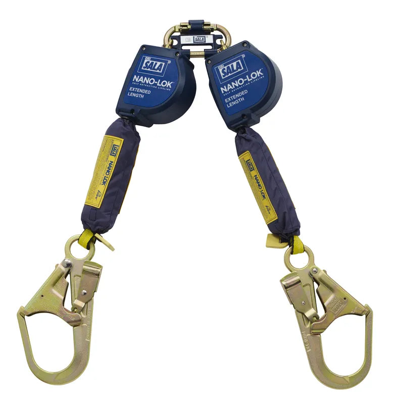 3M DBI-SALA Nano-Lok Extended Length Twin-Leg Self Retracting Lifeline, 3101634, quick connect, 9 ft (2.74 m) web - DBI-SALA