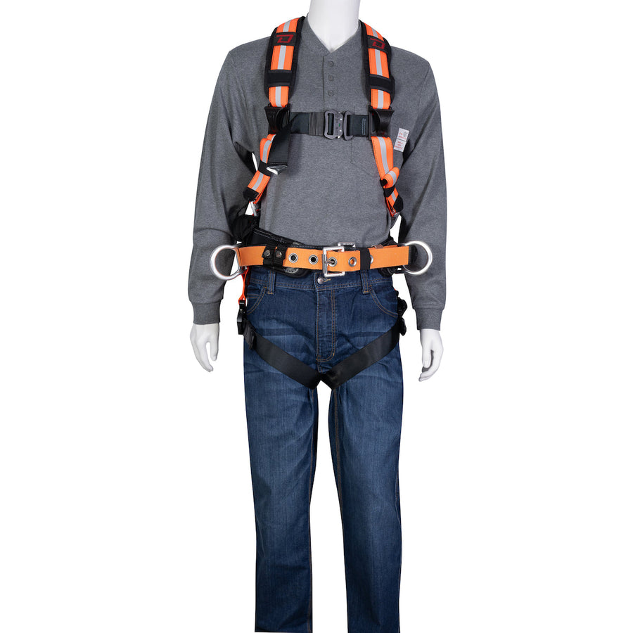 Dynamic Hi-Visibility H-Style Full Body Harness with Aluminum Hardware, Integrated Padding & Tool Belt, Lumbar Support and 5 Points of Adjustment - CSA Group A / P