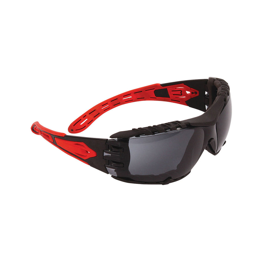 PIP Dynamic Volcano Plus - Rimless Safety Glasses with Red Temples, Smoke Lens, Foam Padding and 4A Coating