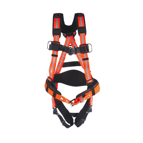 Dynamic - Hi-Visibility H-Style Full Body Harness with Aluminum Hardware, Integrated Padding & Tool Belt, Lumbar Support and 5 Points of Adjustment - CSA Group A