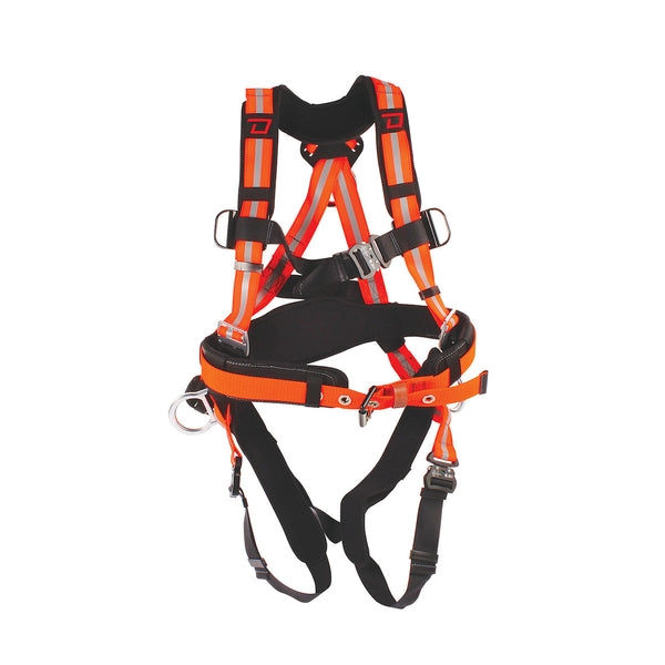 Dynamic - Hi-Visibility H-Style Full Body Harness with Aluminum Hardware, Integrated Padding & Tool Belt, Lumbar Support and 5 Points of Adjustment - CSA Group A / P - FPMX103D0DR
